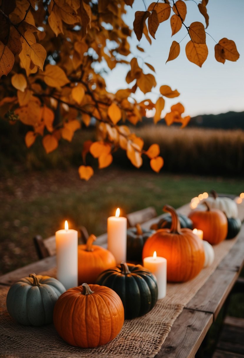 A rustic outdoor wedding with golden leaves, pumpkins, and warm candlelight