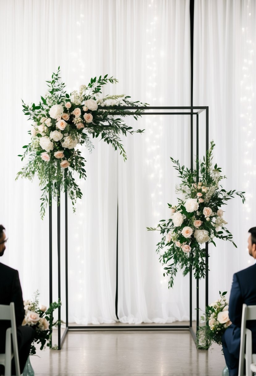 A modern metal frame backdrop adorned with elegant floral arrangements for a wedding ceremony