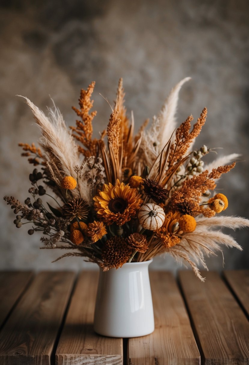 A wooden table adorned with dried florals in warm autumn hues, set against a rustic backdrop