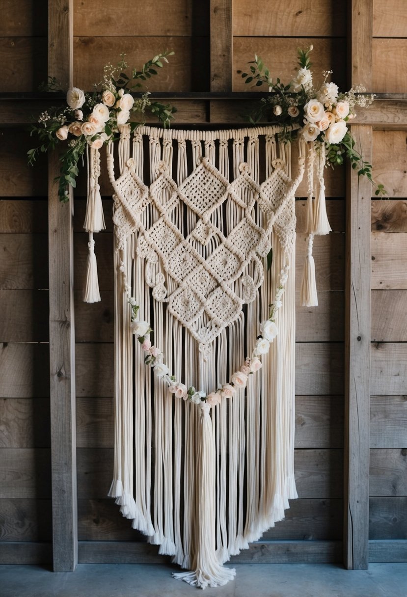 An intricate macrame wedding backdrop hangs against a rustic barn wall, adorned with delicate floral accents and soft, flowing tassels