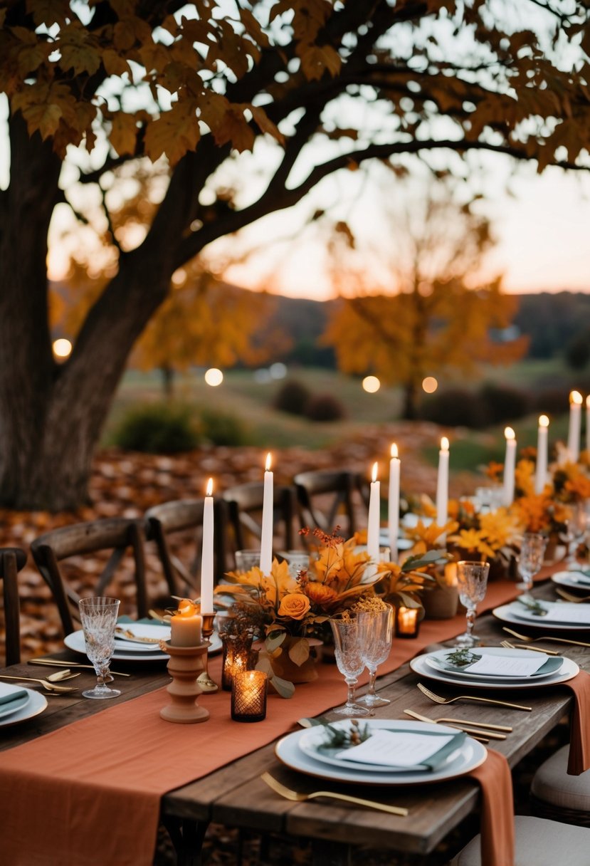 A rustic outdoor wedding with terracotta-colored table settings, surrounded by autumn leaves and warm candlelight