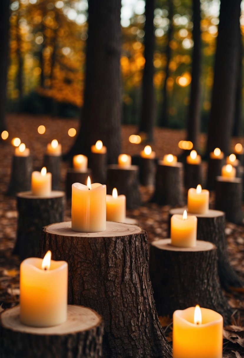 Candles flicker on tree stumps, creating a warm and romantic ambiance for an autumn wedding