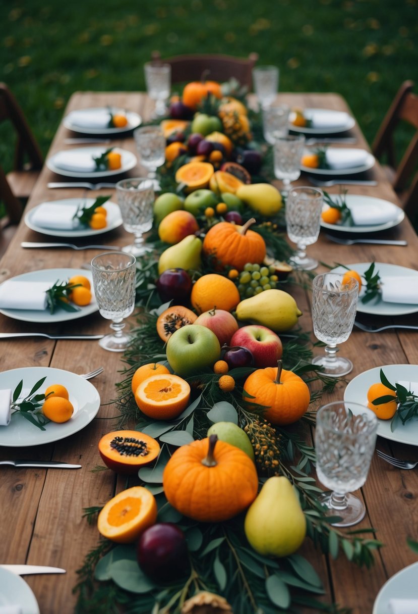 A rustic wooden table adorned with assorted fresh fruits and greenery, serving as centerpieces for an autumn wedding celebration