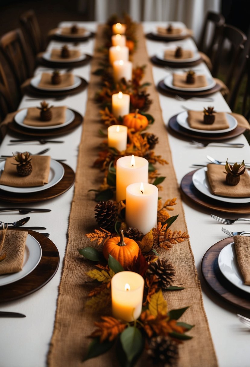 A rustic table set with warm burlap runners, adorned with autumn foliage and candles, creating a cozy atmosphere for a wedding celebration