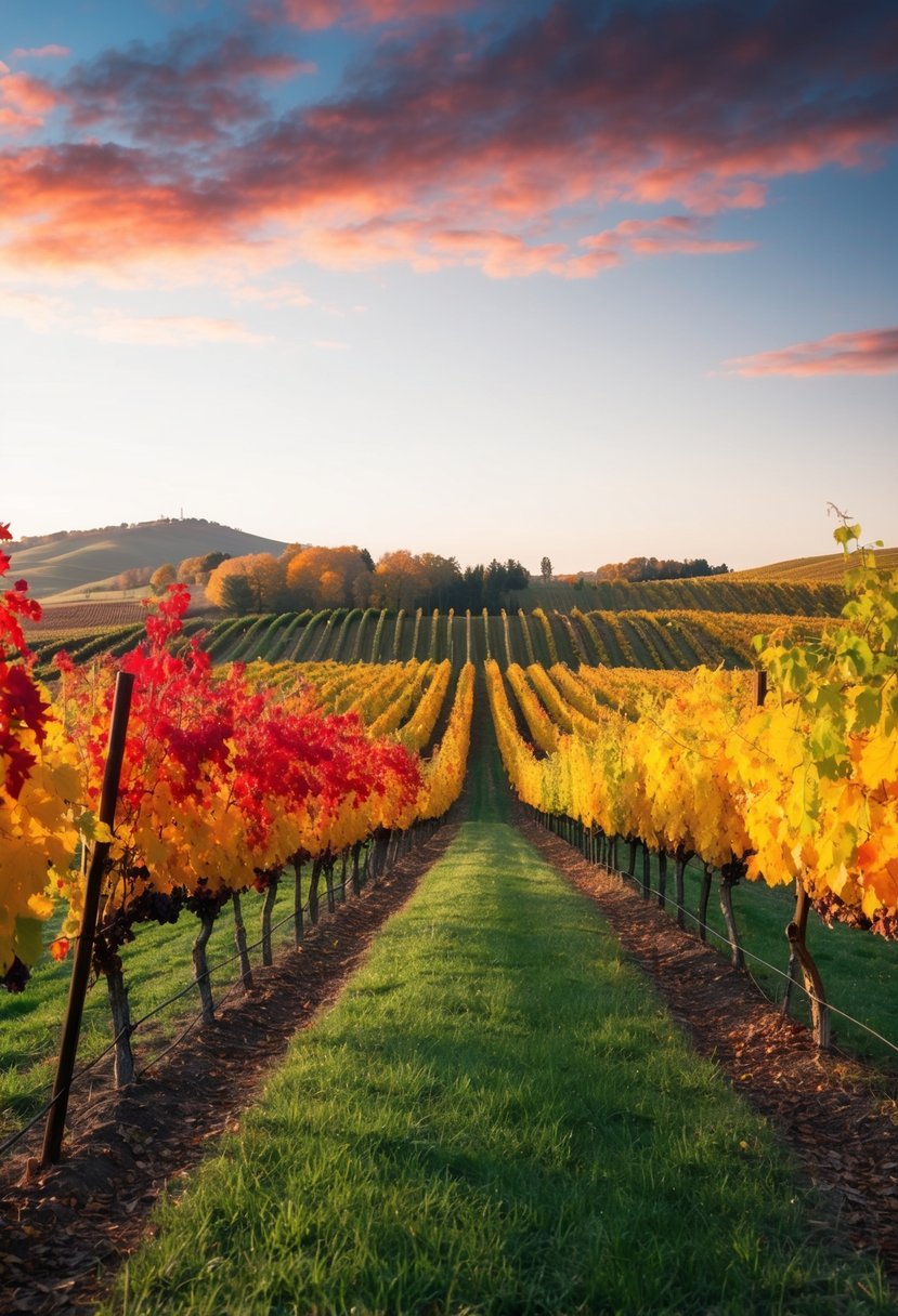 A vineyard with colorful autumn foliage and rolling hills