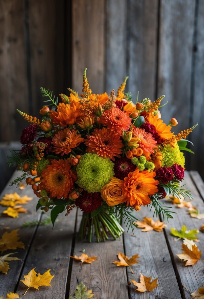 Lush bouquets of autumn blooms arranged on a rustic wooden table with scattered fallen leaves