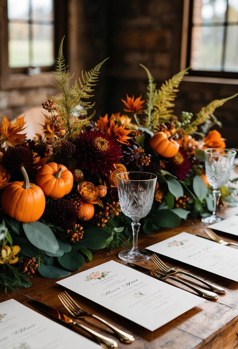 A rustic wooden table adorned with autumnal flowers, foliage, and elegant wedding invitations