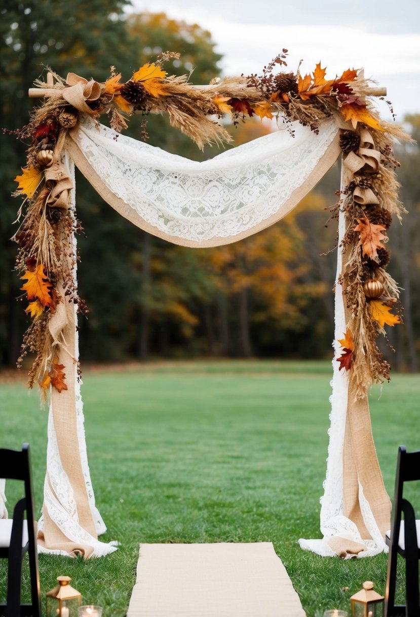 Burlap and lace adorned ceremony arch with autumn foliage accents