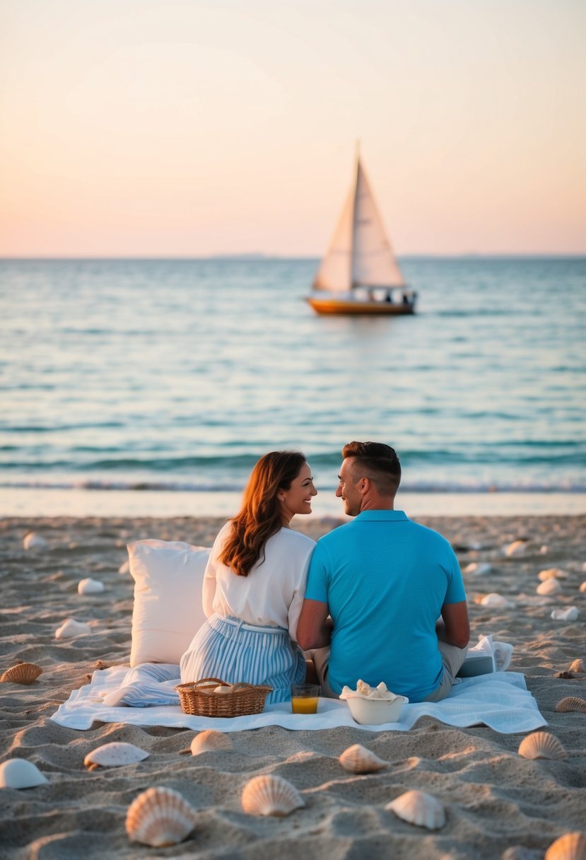 A couple picnicking on a sandy beach, surrounded by seashells and a gentle tide. A sailboat drifts on the horizon under a warm, setting sun