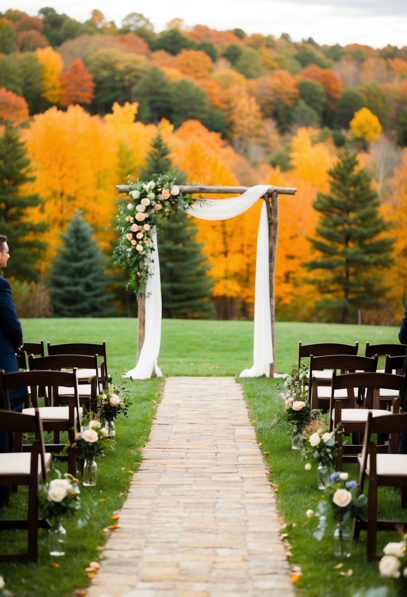 A picturesque outdoor wedding set against a backdrop of vibrant fall foliage, with a rustic arch adorned with flowers and a winding path leading to the ceremony area