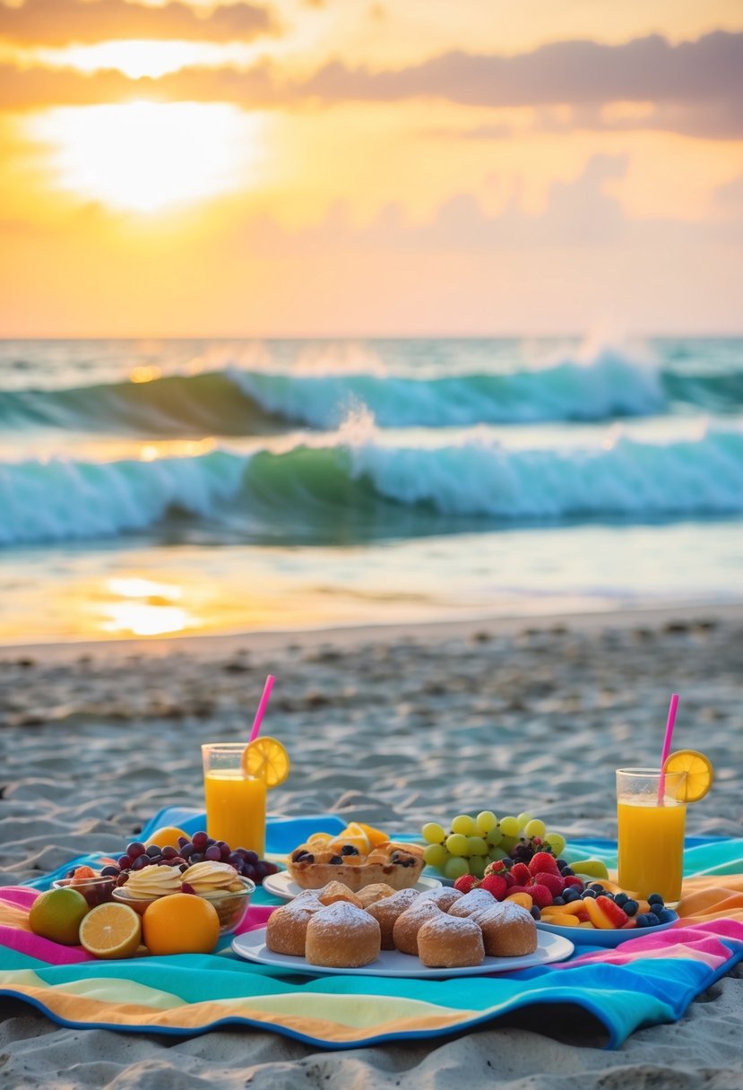 A colorful sunrise beach picnic with a spread of fruits, pastries, and drinks on a blanket, with waves crashing in the background