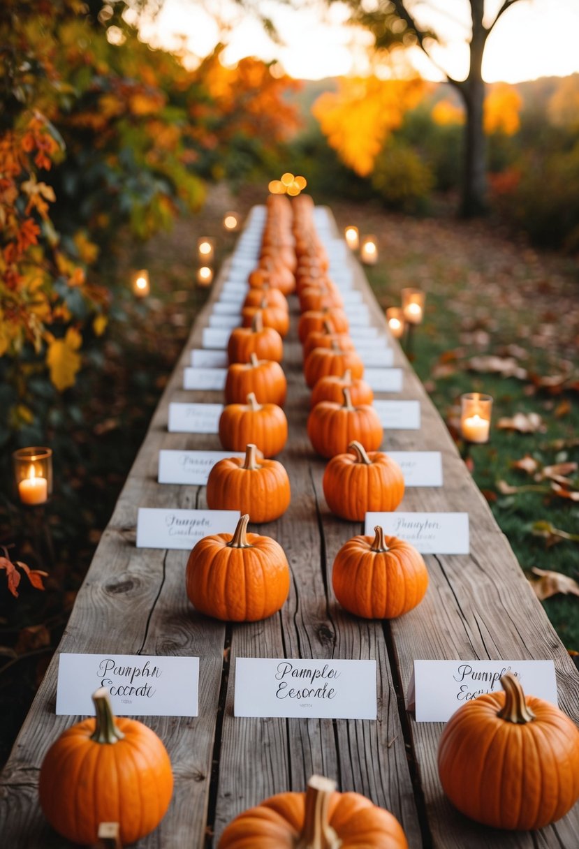 A rustic wooden table with personalized pumpkin escort cards arranged in neat rows, surrounded by autumn foliage and candlelight