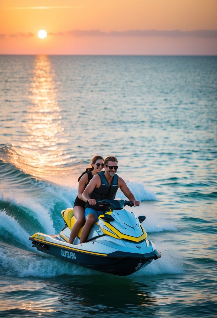 Two people ride a jet ski together, with the sparkling ocean stretching out behind them. The sun is setting, casting a warm glow over the water