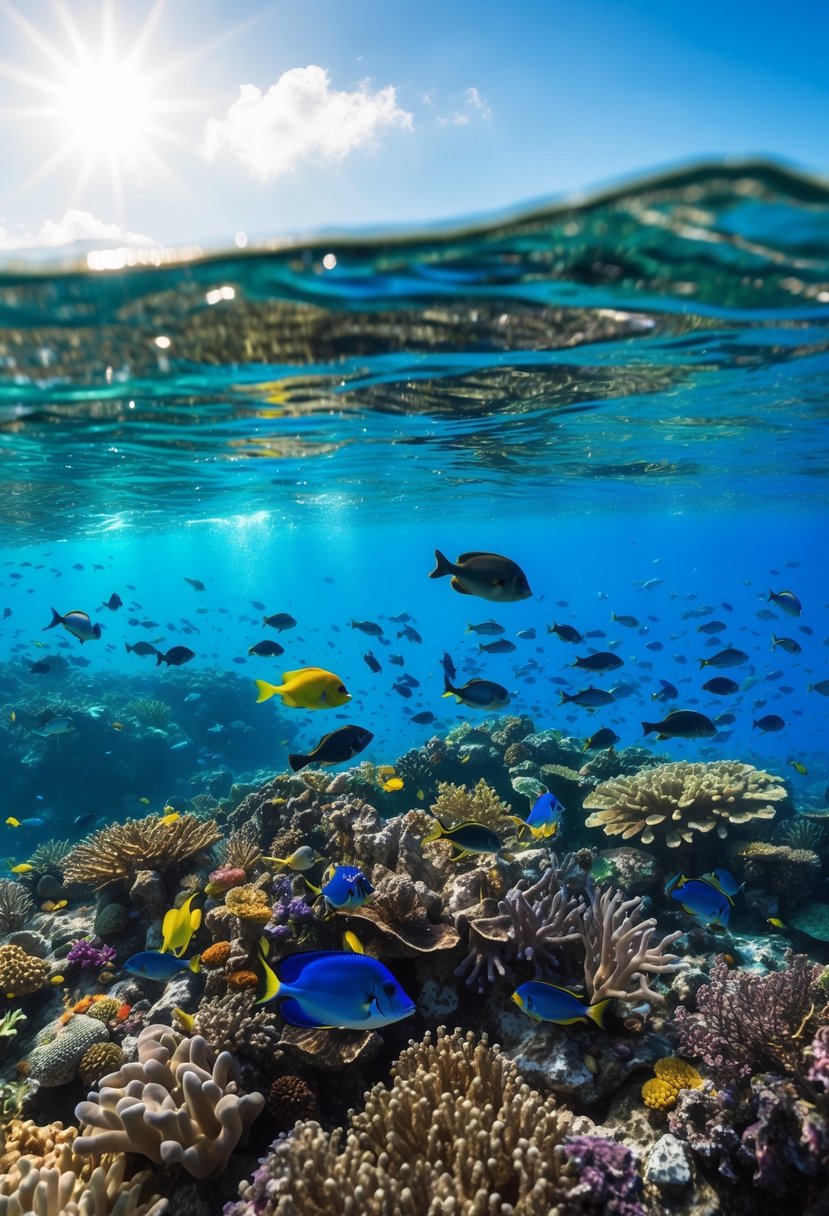 A colorful coral reef teeming with fish and sea creatures, with crystal clear water and sunlight filtering through the waves