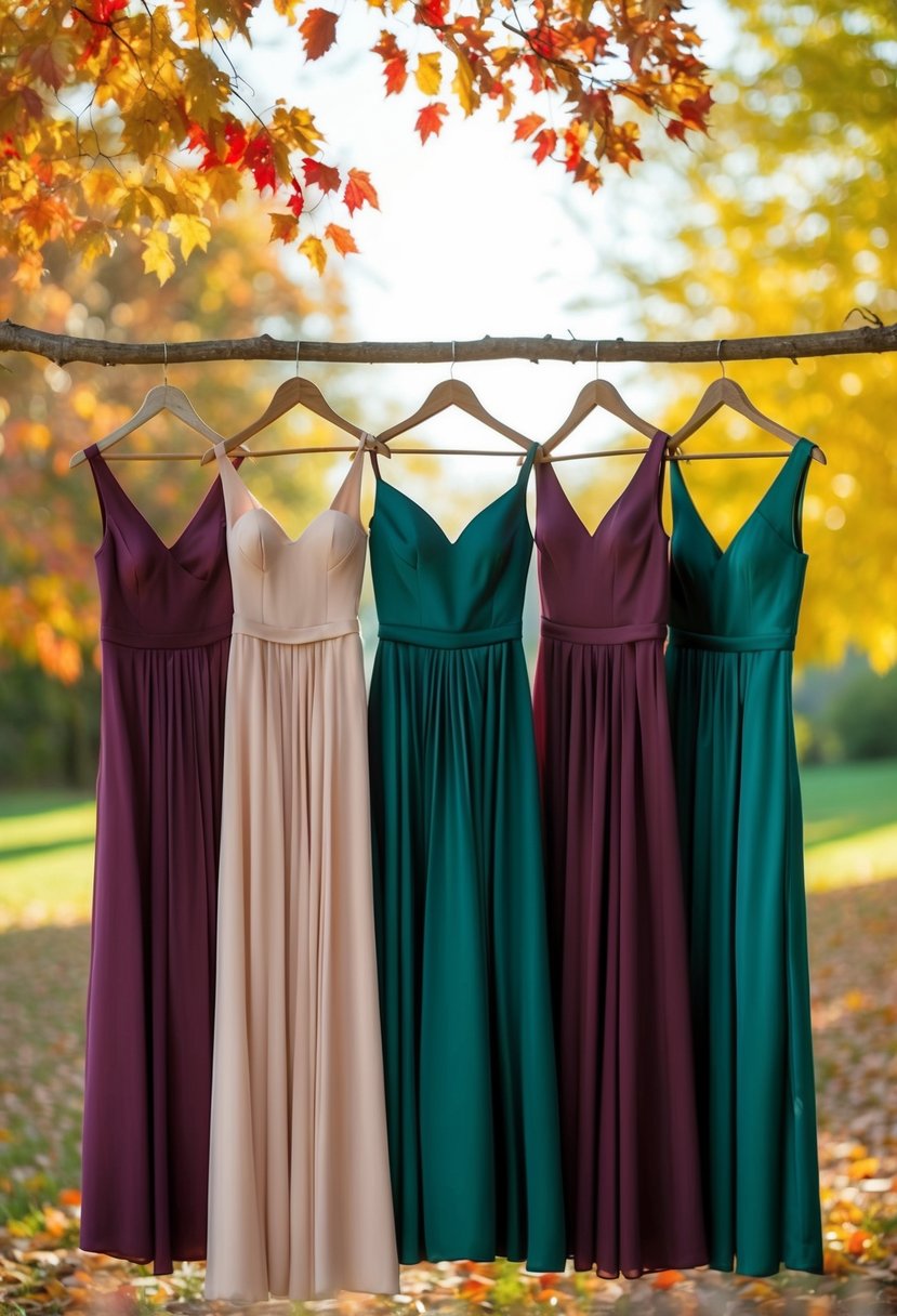 A group of jewel-toned bridesmaid dresses hanging on rustic wooden hangers against a backdrop of colorful autumn leaves and soft sunlight