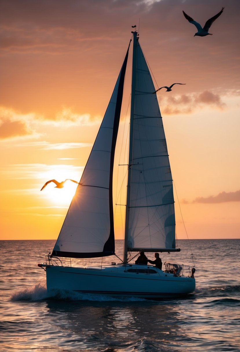 A sailboat glides through the calm ocean waters, silhouetted against the vibrant colors of the setting sun. Seabirds soar overhead as the waves gently rock the boat