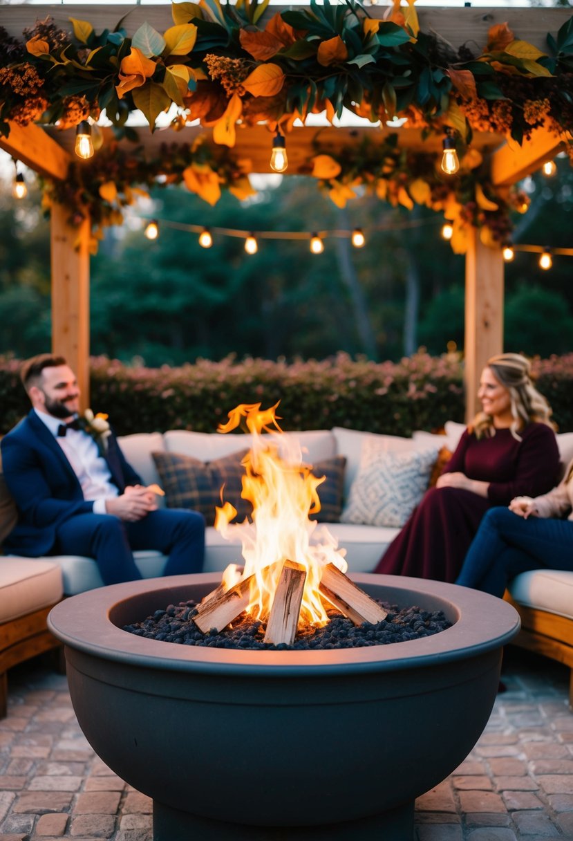 A crackling fire pit surrounded by cozy seating, adorned with autumn foliage and warm lighting, creating an inviting atmosphere for guests at a wedding