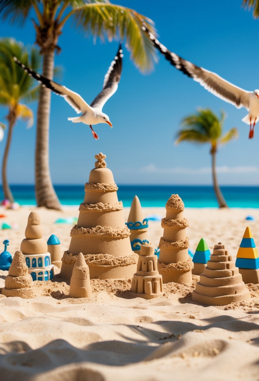 A sandy beach with various ocean-themed sandcastles, surrounded by palm trees and seagulls, with a clear blue ocean in the background