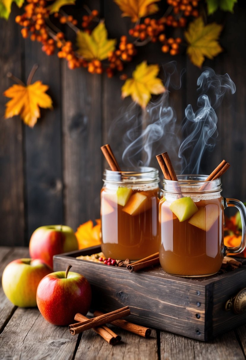 A rustic wooden bar adorned with steaming apple cider, cinnamon sticks, and fall foliage