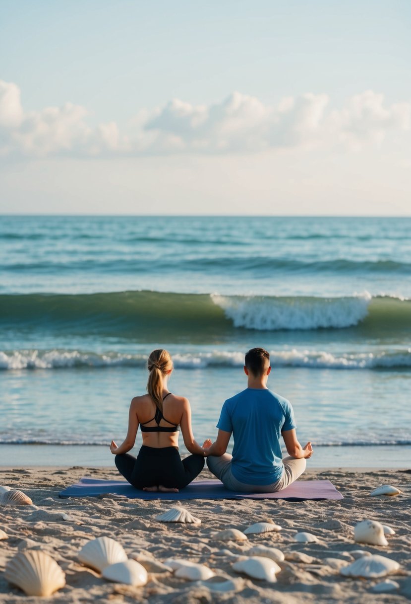 A serene beach with a couple doing yoga by the ocean, surrounded by seashells and gentle waves