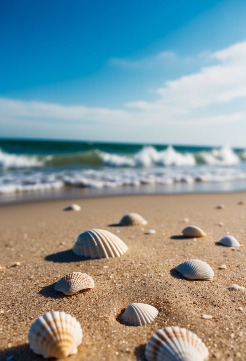 A sandy beach with waves rolling in, scattered seashells, and a clear blue sky overhead