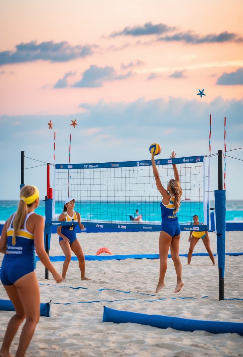 A beach volleyball match with ocean-themed decorations and a romantic atmosphere