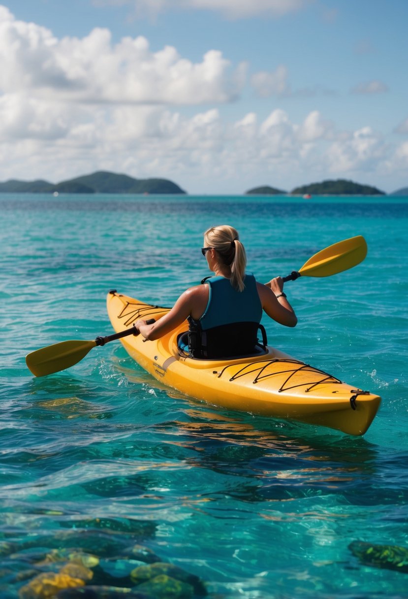 A kayaker paddling through crystal-clear ocean waters, surrounded by colorful marine life and distant islands on the horizon