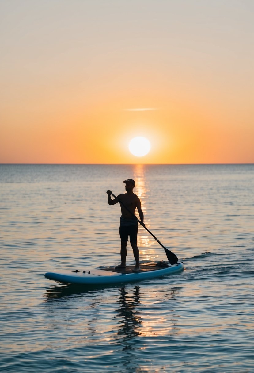 A lone paddleboarder glides across the calm ocean waters as the sun sets, casting a warm orange glow across the horizon