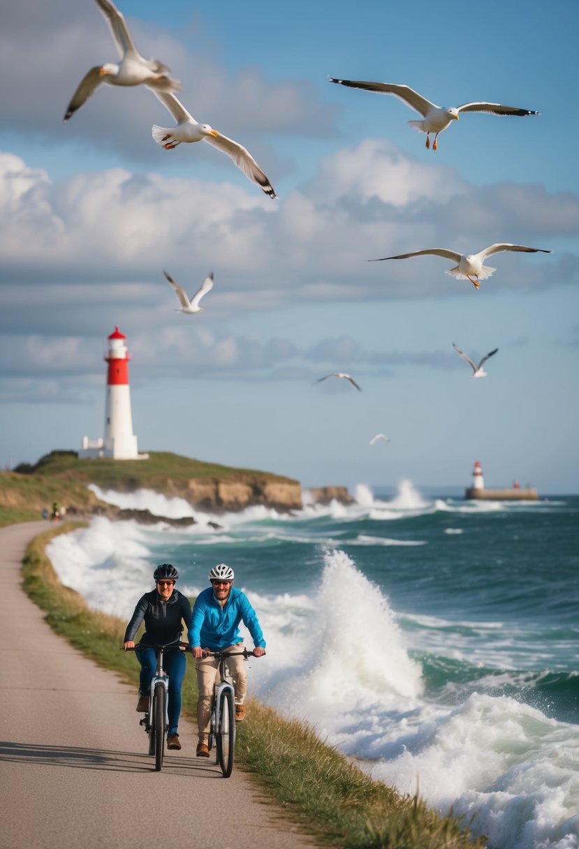 A couple bikes along the coast, waves crashing, seagulls flying, and a lighthouse in the distance