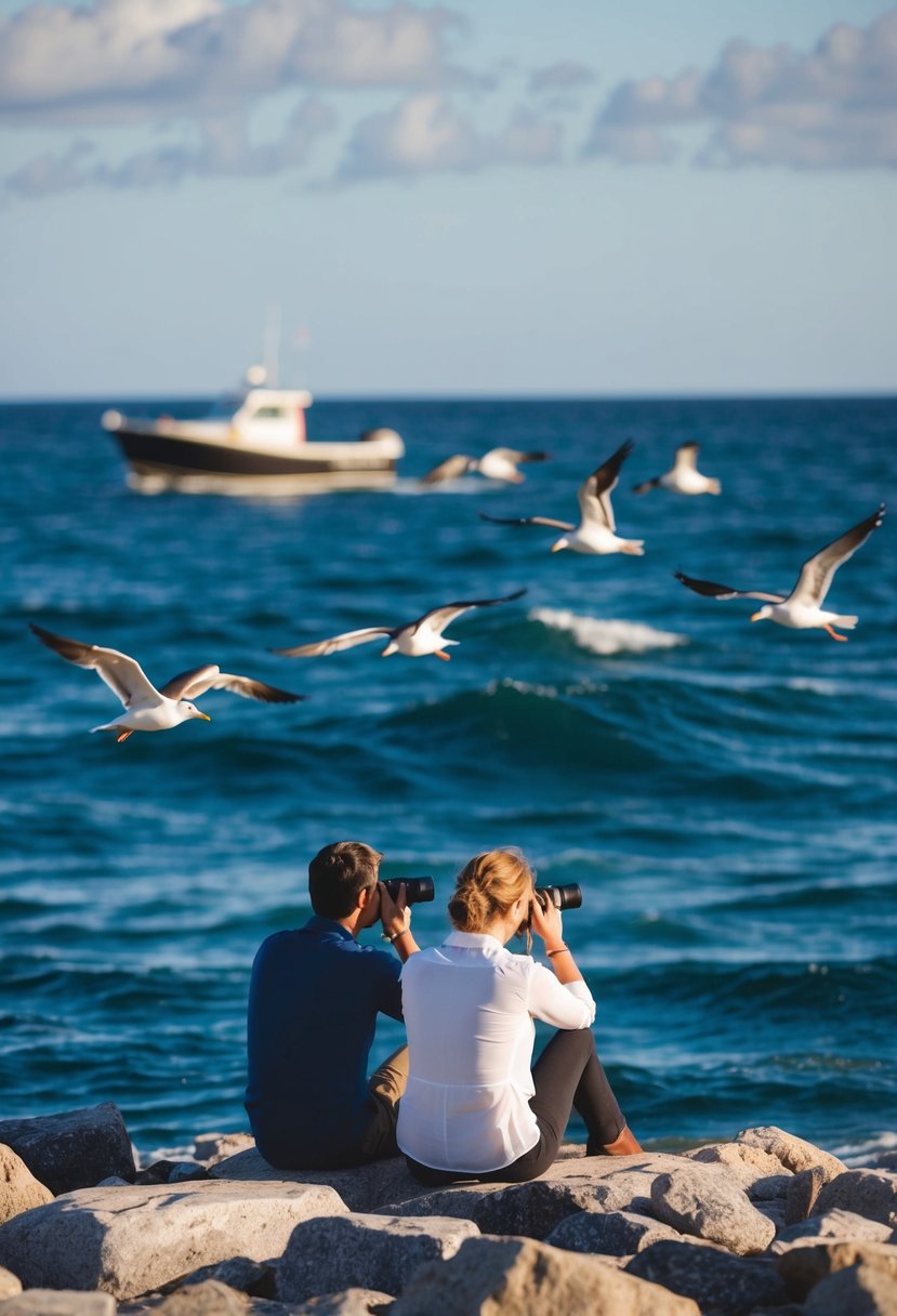 A couple sits on a rocky shore, binoculars in hand, watching seabirds dive and soar over the ocean waves. A small boat bobs in the distance