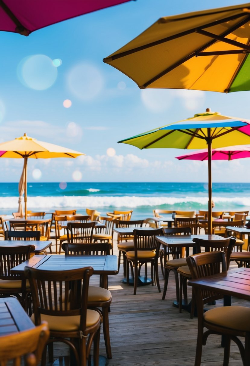 A cozy beach cafe with colorful umbrellas, wooden tables, and a view of the ocean waves