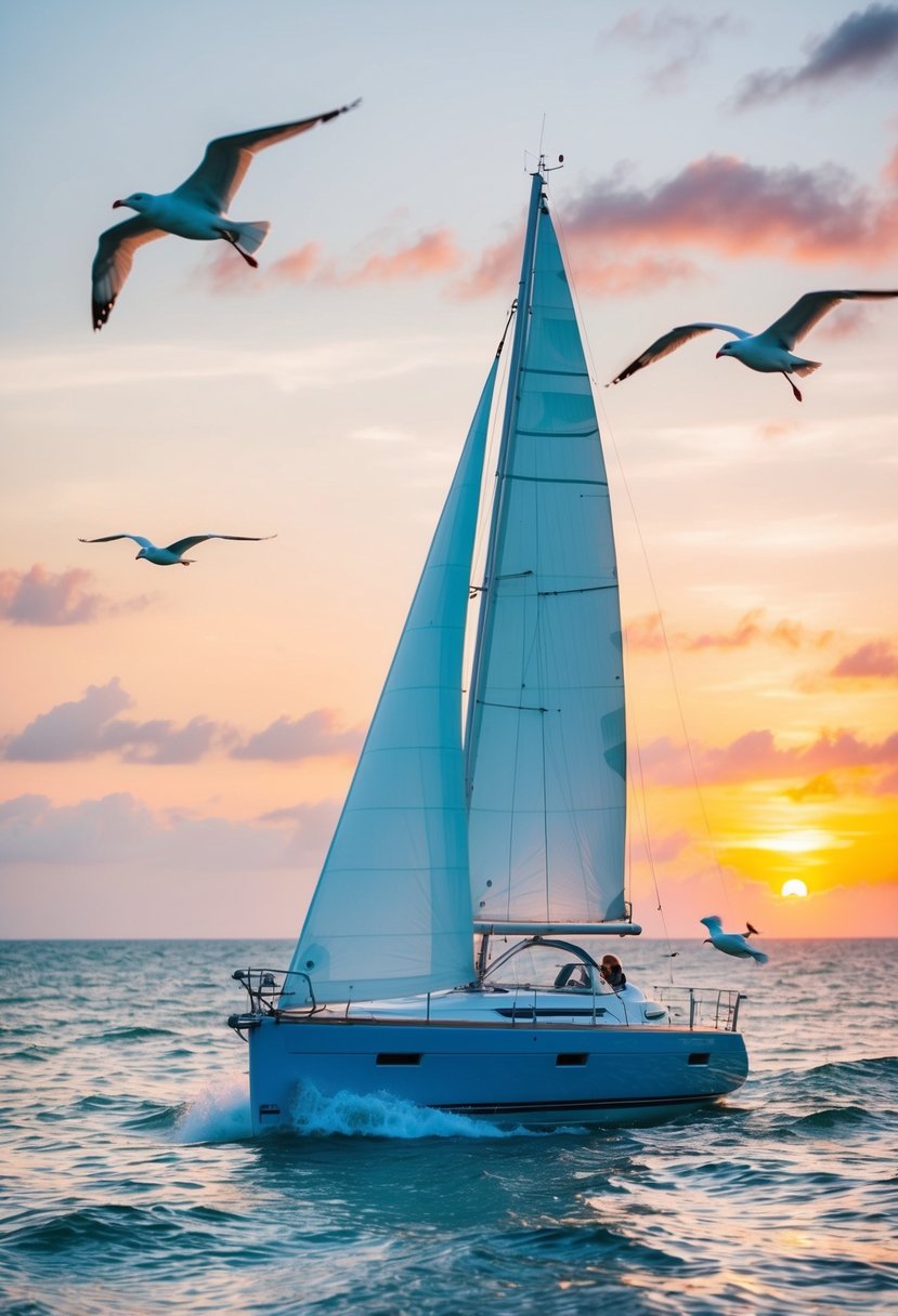 A sailboat glides across the sparkling ocean, with seagulls flying overhead and a colorful sunset in the background