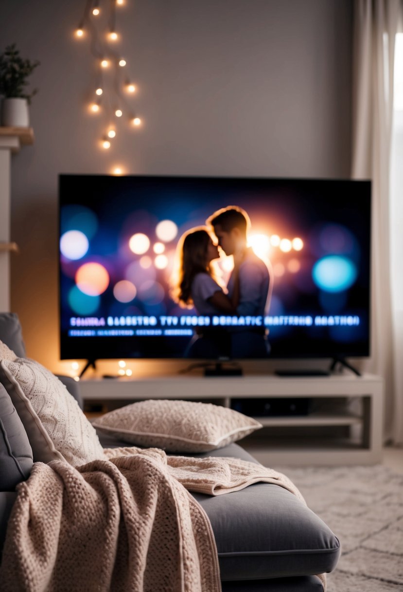 A cozy living room with soft blankets, pillows, and a glowing TV screen showing a romantic movie marathon