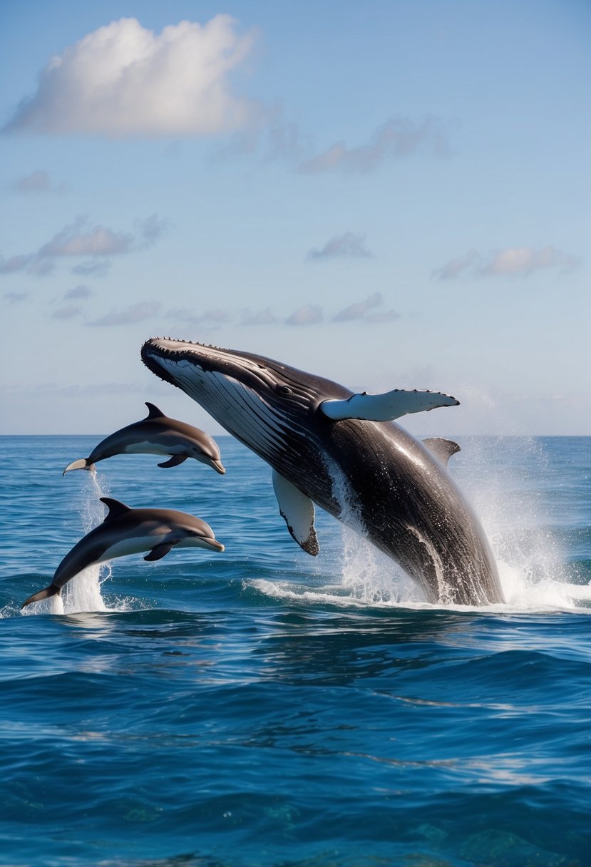 A pod of dolphins playfully leap alongside a majestic humpback whale in the crystal-clear waters of the ocean