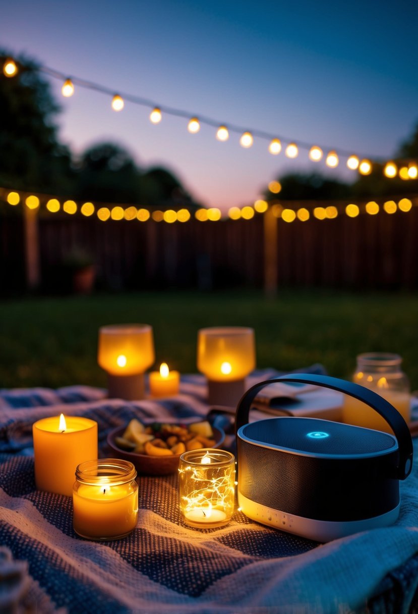 A cozy backyard picnic with candles, fairy lights, and a Bluetooth speaker playing a personalized romantic playlist under the warm summer night sky