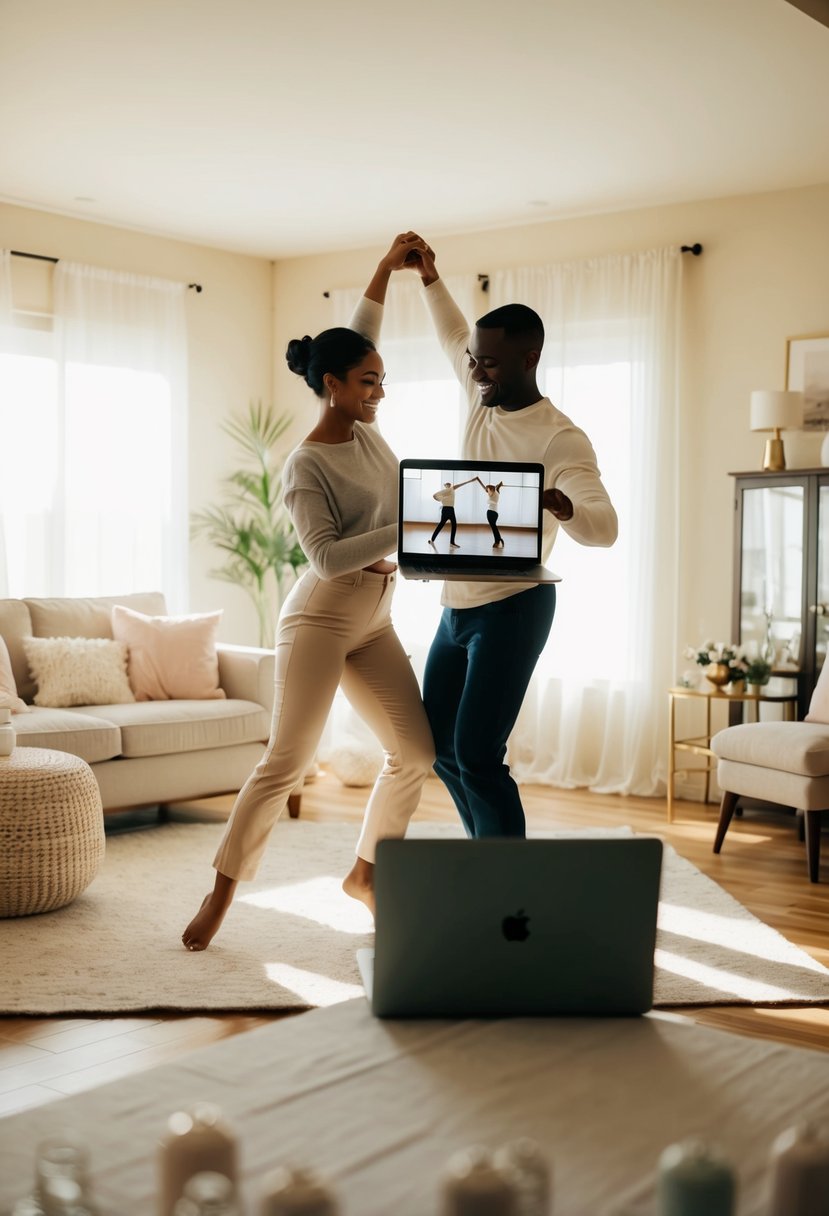 A couple dances in their sunlit living room, surrounded by soft, romantic decor and streaming a virtual dance class on their laptop