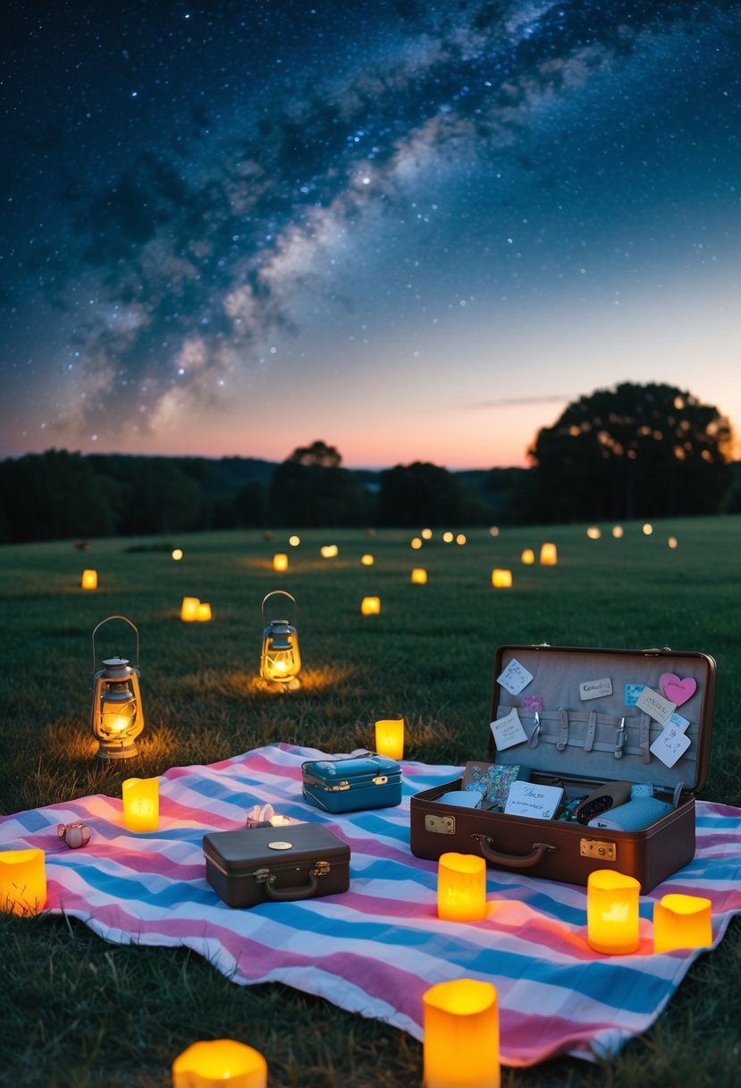 A picnic blanket laid out under a starry sky, surrounded by glowing lanterns and candles. A vintage suitcase filled with mementos and love notes sits nearby