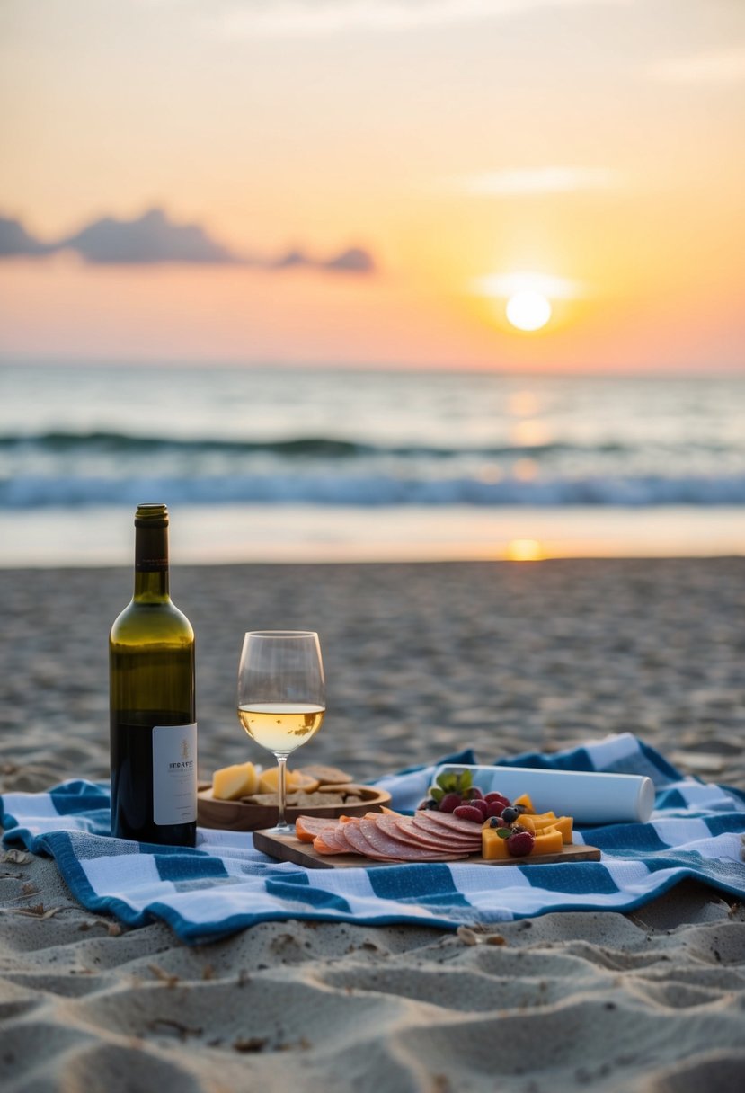 A cozy beach picnic at sunset, with a blanket spread out on the sand, a bottle of wine, and a charcuterie board