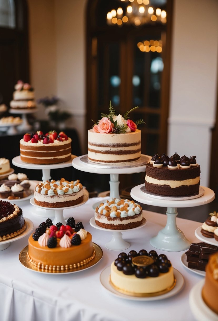 A beautiful dessert station at a wedding, featuring an array of decadent cakes, pastries, and sweets displayed on elegant stands and platters