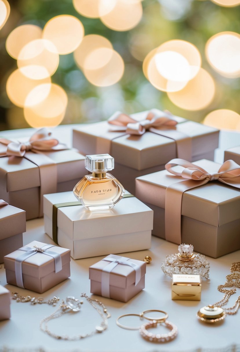 A table adorned with elegant wedding gift ideas for the bride to be, including delicate jewelry, luxurious perfume, and beautiful keepsake boxes