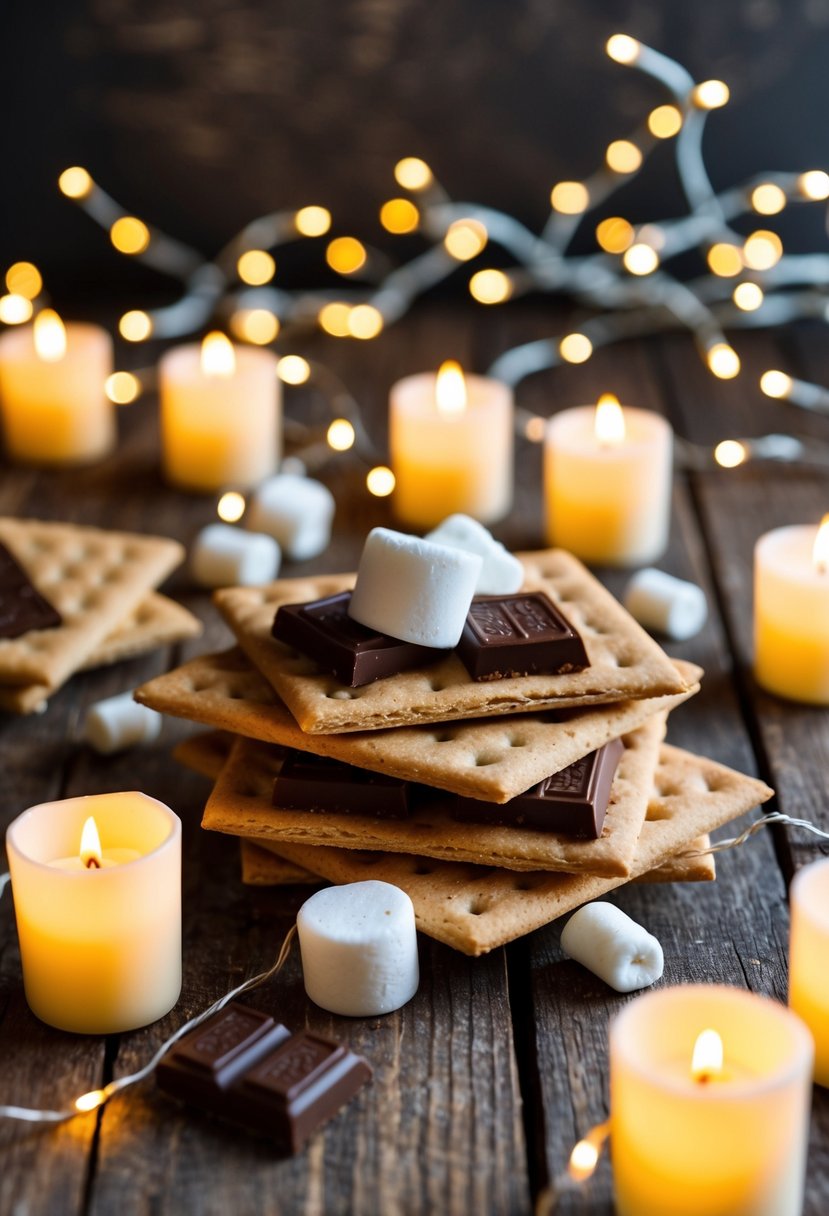 A rustic wooden table adorned with graham crackers, marshmallows, and chocolate, surrounded by flickering candles and fairy lights