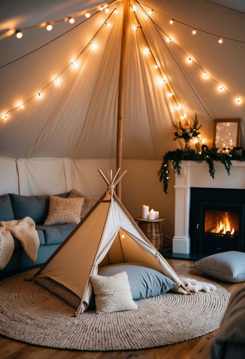 A cozy living room with a tent pitched in the center, soft blankets and pillows scattered around, fairy lights twinkling overhead, and a warm fire crackling in the fireplace