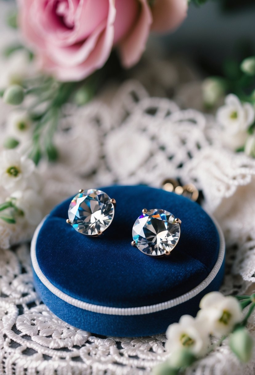 A sparkling pair of Swarovski crystal earrings displayed on a velvet cushion, surrounded by delicate lace and floral accents