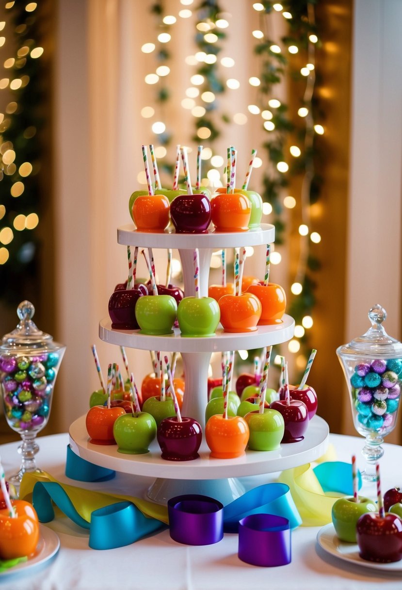 A festive wedding dessert station with vibrant candy apples displayed on tiered stands, surrounded by colorful ribbons and glittering fairy lights