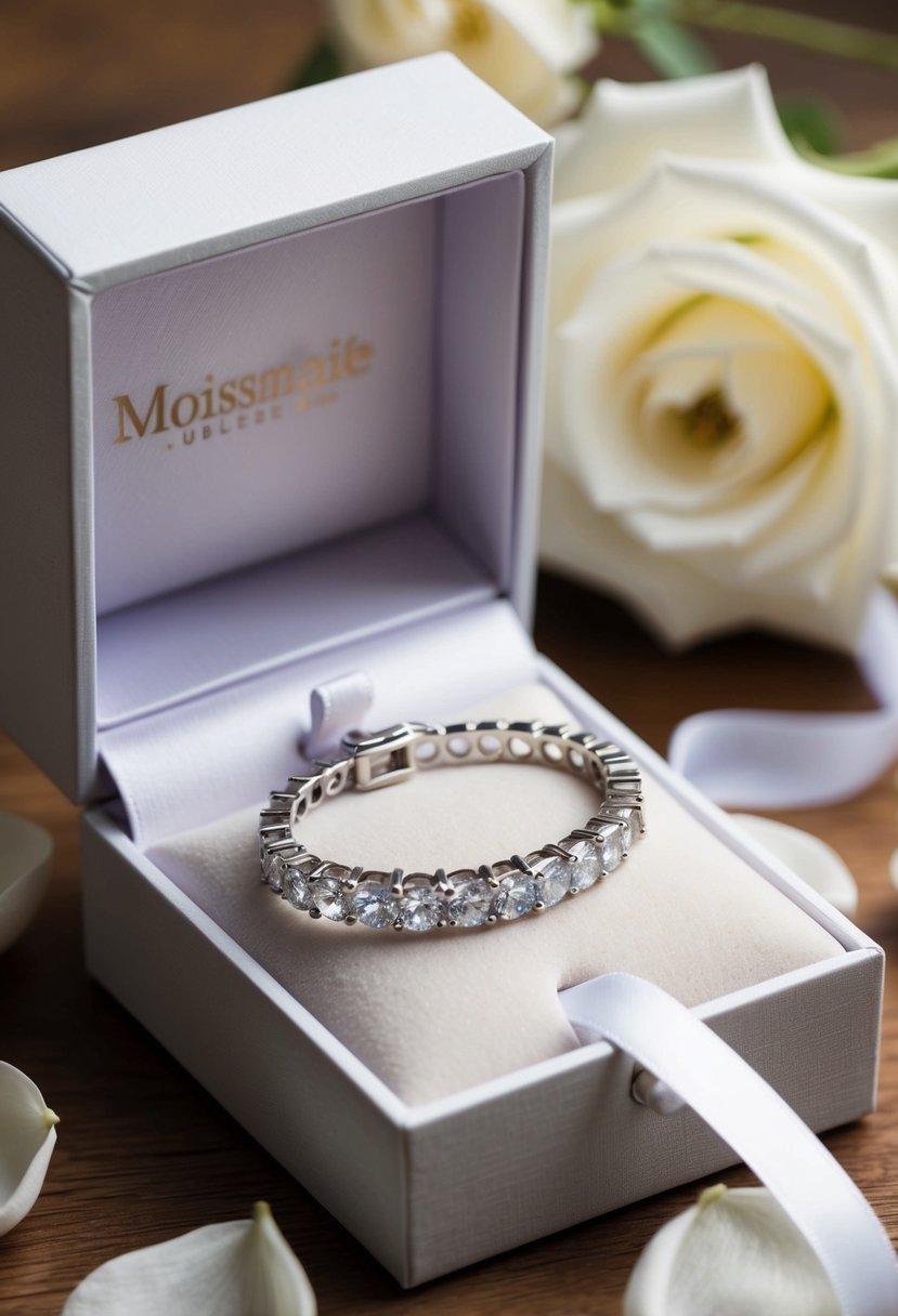 A sparkling moissanite tennis bracelet nestled in a delicate jewelry box, surrounded by soft petals and a ribbon, ready for the bride-to-be