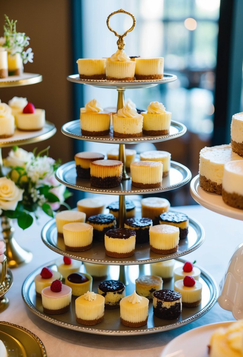 A variety of mini cheesecakes arranged on tiered stands with elegant floral decor at a wedding dessert station