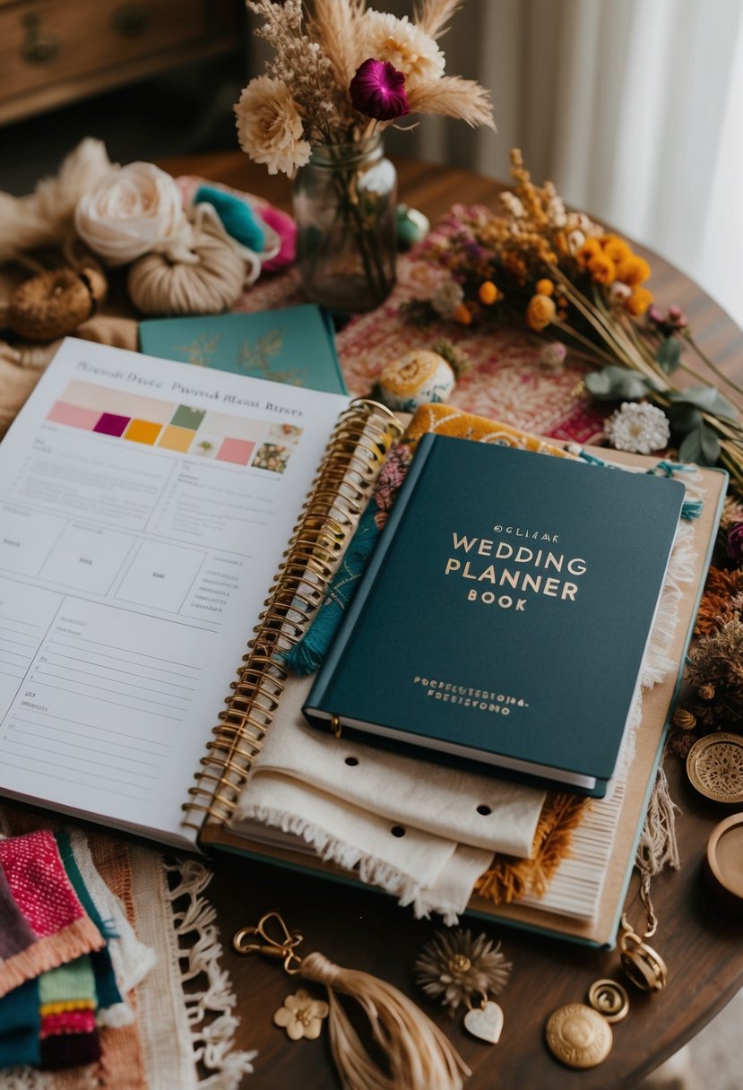 A cozy, bohemian-inspired wedding planner book open on a table, surrounded by colorful fabric swatches, vintage trinkets, and dried flowers