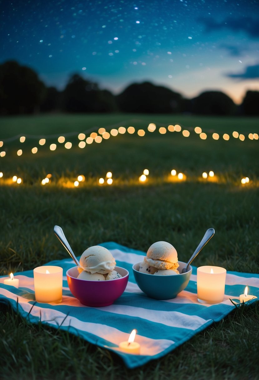 A picnic blanket on a grassy field with two bowls of homemade ice cream, surrounded by candles and fairy lights under a starry sky