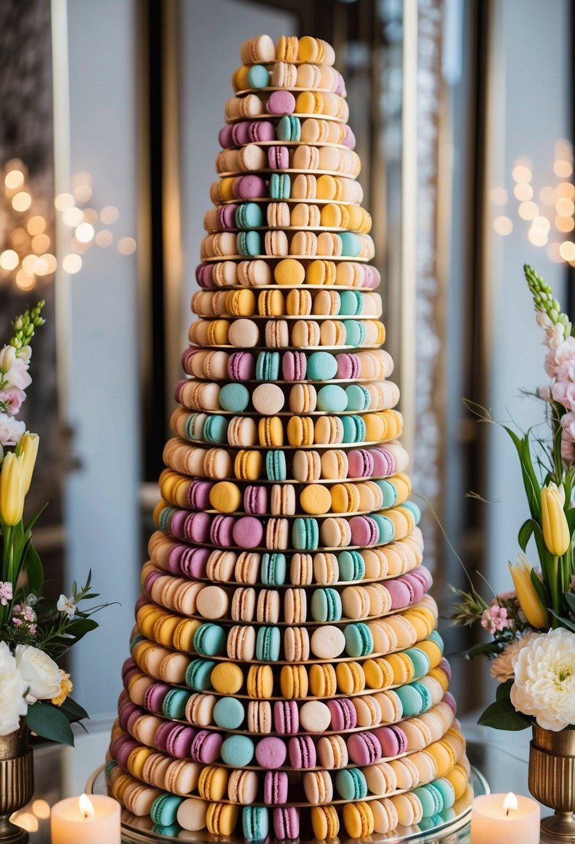 A towering display of colorful macarons arranged in a cascading formation, surrounded by elegant floral and decorative accents