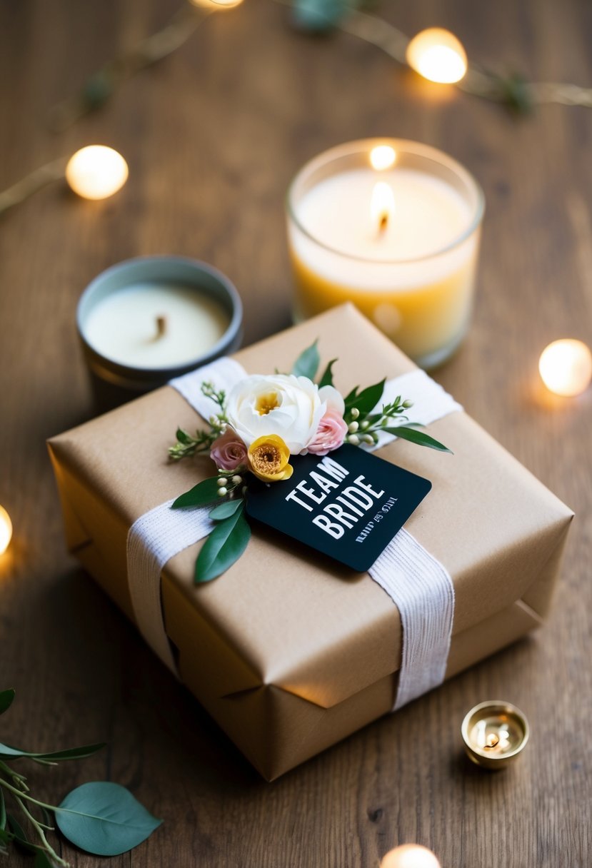 A beautifully wrapped gift box with a candle, floral accents, and a "Team Bride" tag